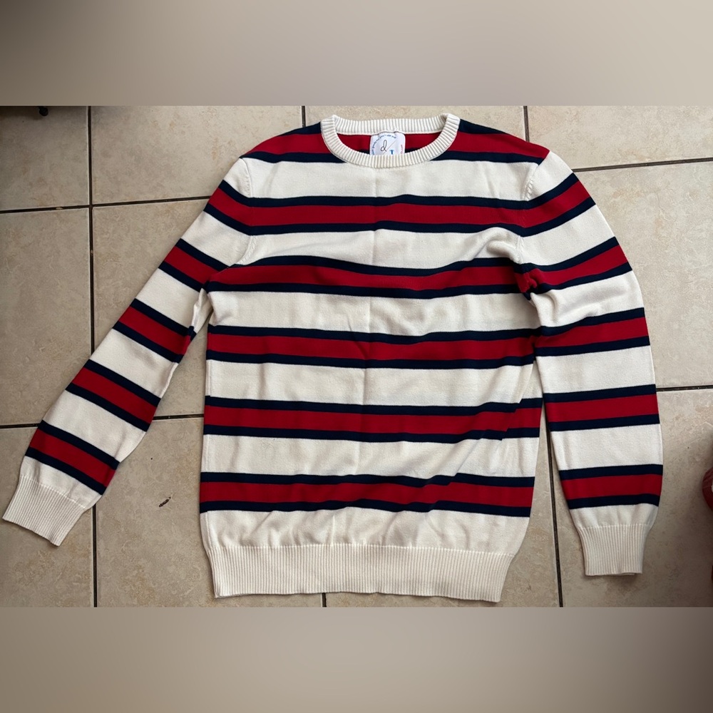 Crewneck Sweater with Red and Navy Stripes
